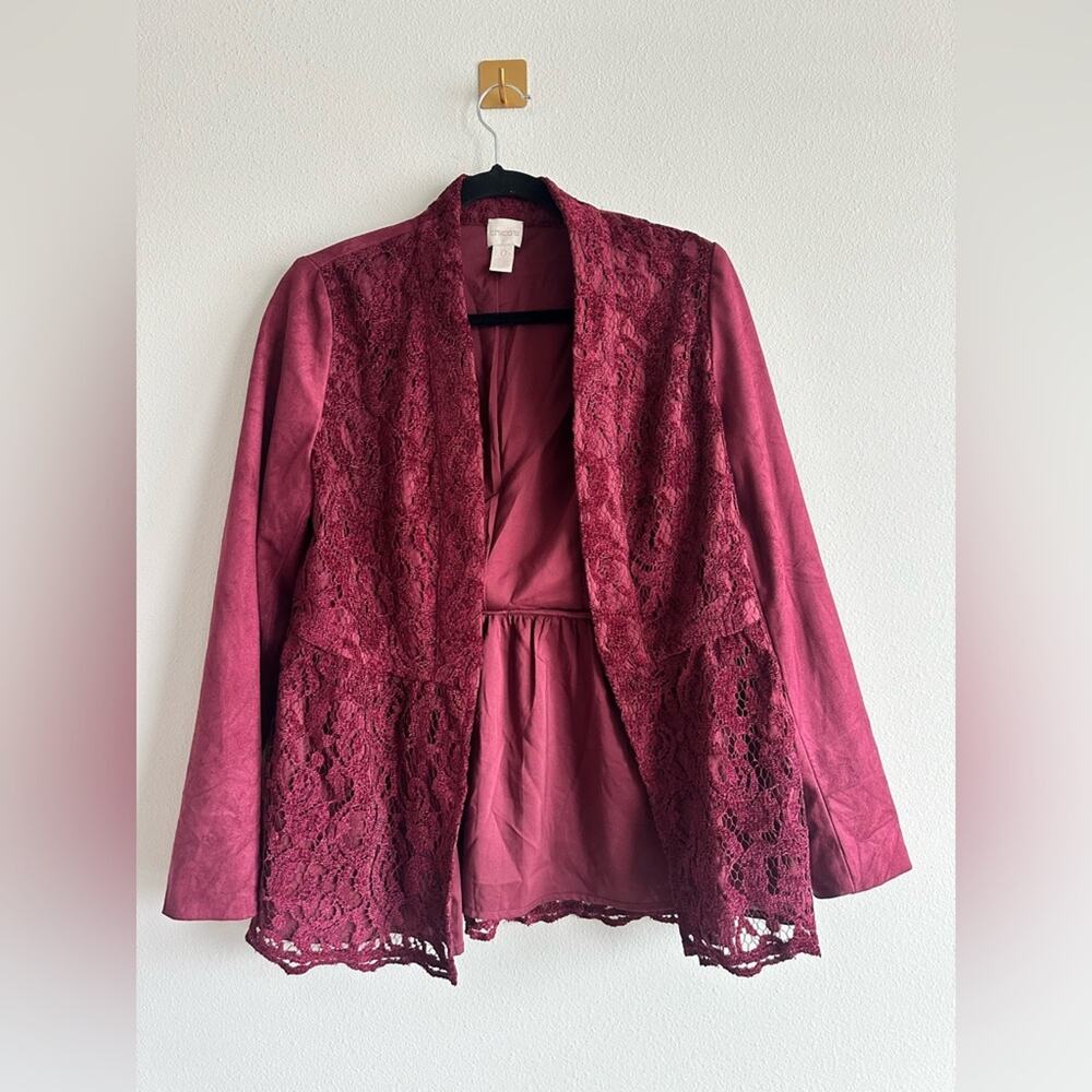 Chicos Faux Suede Lace Blazer Jacket Wine Burgundy Size 0 Fits S/M Romantic Boho